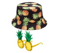 NXPWRC 1 Women's Bucket Hat, 1 Pair of Pineapple Glasses, Pineapple Pattern Sun Hat, Cute Women's Sun Hat, Summer Hat Black