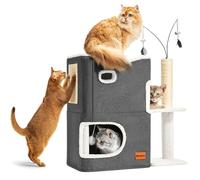 Nxwjoy Cat House Cat Beds for Indoor Cats Adults Bed Cat Tower with Scratching Post and Hideaway Cat Condo Cave and Cat Toys for Multi Pets Kitten Large Cats Dark Grey