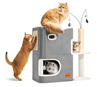 Nxwjoy Cat House Cat Beds for Indoor Cats Adults Bed Cat Tower with Scratching Post and Hideaway Cat Condo Cave and Cat Toys for Multi Pets Kitten Large Cats Grey