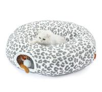 Nxwjoy Cat Tunnel for Indoor Cats Donut Tunnels Bed 35.5 Inch XL Cute Tubes Round Pet Play Tunnel Toy for Kitten Puppy Rabbit with Washable Circle Cushion Leopard Grey