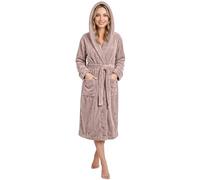 NY Threads Luxury Fluffy Fleece Dressing Gown Womens Hooded Soft Loungewear Bath Robe, Taupe, Large