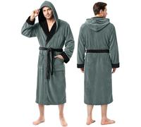 NY Threads Mens Hooded Fleece Robe - Plush Long Bathrobes, Steel Grey With Black Contrast, L-X-L