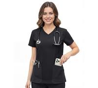 NY Threads Scrub Tops for Women Soft Stretch V-Neck Medical Scrub Top with Pockets, Black, M