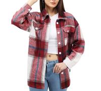 NY Threads Women's Flannel Shirt Button Down Long Sleeve Plaid Shacket Loose Fit Casual Jacket, Burgundy White, M