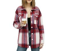 NY Threads Women's Flannel Shirt Plaid Shacket Fall Outfit Relaxed Fit Button Down Long Sleeve Top Casual Jacket for Women, Burgundy White, M