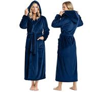 NY Threads Womens Fleece Hooded Bathrobe Plush Long Robe, Navy, XL