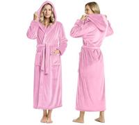 NY Threads Womens Fleece Hooded Bathrobe Plush Long Robe, Pink, XL