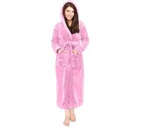 NY Threads Womens Fleece Hooded Bathrobe Plush Long Robe, Pink, XL