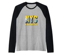 NYC Bold Letters with Cartoon Skyline City Lover Raglan Baseball Tee