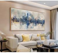 NYC Framed Canvas Wall Art Abstract Painting Wall Decor Indigo Blue Gray Panoramic Art Print New York Skyline Reflection Pictures Artwork Modern City Landscape Living Room Bedroom Decoration 20" x 40"
