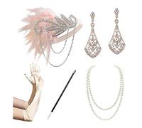 NYCEMAKEUP 1920s Flapper Gatsby Costume Accessories Set 20s Long Gloves Necklace Earrings Flapper Headpiece Headband For Womens 1920s Gatsby Great Accessories Set For Womens Flapper Headpiece
