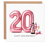 NYCYGSI Happy 20th Birthday Card for Her with Envelope & Sticker, 14x14cm | Funny 20th Birthday Cards, Great for Daughters, Nieces, Sisters, Young Women, Pink Balloons Design, Blank Inside