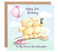 NYCYGSI Happy 2nd Birthday Card for Granddaughter, Two Cuddly Teddy Bears with Balloon & Phone, Cake & Gift Box, Folded Card with Envelope & Seal Sticker, 14x14cm