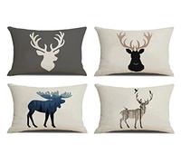 NYDECOR Deer Throw Pillow Covers Elk Lumbar Pillow Cover Deer Pillow Cases Oblong Rectangle Animal Moose Pillowcase Cotton Linen Decorative Cushion Covers for Couch Bed Sofa 12x20 Set of 4