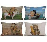 NYDECOR Set of 4 Cat Pillow Cover 12x20 Cat Cowboy on a Horse Lumbar Throw Pillow Covers Funny Two Brave Cats Pillow Cases Animal Kitty Pillowcase Cotton Linen Cushion Cover for Couch Sofa Bed