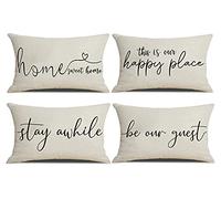 NYDECOR Set of 4 Farmhouse Pillow Covers 12x20 Quote Stay Awhile Be Our Guest Pillow Cover Home Our Happy Place Lumbar Throw Pillow Case for Couch Sofa Porch Chair Guest Room Décor