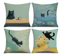 NYDECOR Vintage Black Cat Pillow Cover Funny Cat Art Painting Throw Pillow Covers Aesthetic Cats Pillow Cases Animal Kitty Pillowcase Cotton Linen Cushion Cover for Couch Sofa Bed 18x18 Set of 4