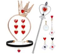 Nydotd 6 Pcs Queen Costume Accessories Halloween Red Heart Crown Headband Heart Wand Choker Necklace Earrings for Women Halloween Cosplay Party
