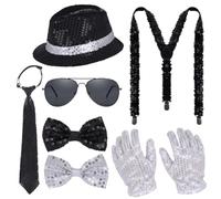 Nydotd Pop Rockstar Dance Star Costume 80s 90s Disco Halloween Accessories | Fedora Hat,Silver Sequins Gloves,Aviator Sunglasses,Tie,Bow Ties,Suspenders,80s Retro Costume Kit for Halloween Cosplay Party