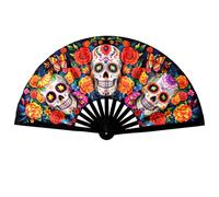 Nydotd UV Glow Rave Fan Large Handheld Folding 13 Inch Bamboo Festival Foldable Clack Popping Fan for Line Dancing Men and Women (Day of The Dead)