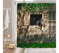 NYDSZNE Farmhouse Horse Shower Curtain Rustic Farm Animal Horse Vintage Wooden Barn Green Leaves Retro Western Country Bathroom Decor Fabric Shower Curtain with Hooks