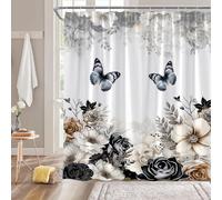 NYDSZNE Flower Butterfly Shower Curtain Beige Brown Gray Floral Butterfly Rustic Plant Nature Vintage Bathroom Decor Fabric Curtain with Hooks