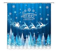 NYDSZNE Winter Holiday Shower Curtain Blue Xmas Tree Pine Forest Snowflake Santa Claus Elk Twinkle Star Dreamy Merry Christmas Festival Bathroom Fabric Decor Curtain with Hooks