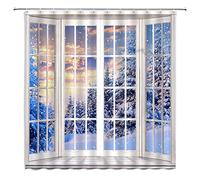 NYDSZNE Winter Shower Curtain Nature Pine Tree Forest Snowflake Natural Scenery Landscape from White Wooden Window Bathroom Decor Fabric Curtain with Hooks