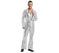 Nyeemya Adults Men's 70s Disco Dance Costumes Hippie Flared Trousers Jumpsuits Carnival Fancy Dress Up Costume Silver XL
