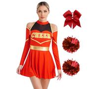 Nyeemya Cheer Leader Costume Women Cheer Leading Dress with Bowknot Hair Band and 2Pcs Flower Balls Dancewear Red A L