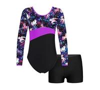 Nyeemya Gymnastics Leotard for Girl，Shiny Metallic One Piece Bodysuit with Booty Shorts Kids Sequin Dance Wear Purple&Black 3-4 Years