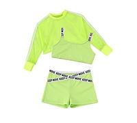 Nyeemya Kids Girls 3Pcs Athletic Set Street Dance Outfit Crop Tops Sweatshirt with Booty Shorts Set Dancewear Fluorescent Green 5-6 Years