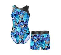 Nyeemya Kids Girls Gymnastics Leotard 2Pcs Dance Sports Outfit Flowry One Piece Bodysuit with Shiny Boyshorts Butterfly Blue 7-8 Years