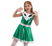 Nyeemya Kids Girls Halloween Alien Costume Glossy Metallic Alien Fancy Dress Carnival Party Dress Up Green 9-10 Years