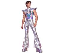 Nyeemya Men 70s 80s Sparkle Flare Jumpsuit Cowboy Costume | Vintage,70s Disco Party Jumpsuit,Cosplay,Wide Leg Bodysuit,Shiny Metallic,Cap Sleeve,Wide Leg Bottoms,Halloween Costume
