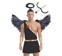 Nyeemya Men Devil Costume Set Angel Cosplay Outfits Feather Aureole Headband & Wings Halloween Fancy Dress Black XXL