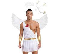 Nyeemya Men Devil Costume Set Angel Cosplay Outfits Feather Aureole Headband & Wings Halloween Fancy Dress White 3XL
