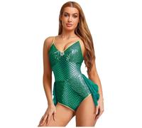 Nyeemya Women Mermaid Outfits Fish Scale Print Jumpsuit Chest Rhinestone Jumpsuit for Masquerade Cosplay Dark Green S
