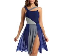 Nyeemya Women Sleeveless Lyrical Dance Dress Sheer Asymmetric Chiffon Skirts Dress Modern Dance Ballet Leotard Navy Blue M