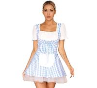 Nyeemya Womens Maid Costume Roleplay Outfit Miss Muffet Halloween Front Lace-Up Ruffle Apron Plaid Maid Dress Blue M