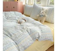 Nyescasa Duvet Cover Sets Double Blue Yellow Striped Flowers Floral Reversible Washed Microfiber Bedding Set Botanical Aesthetic Quilt Cover 200x200 with Zipper Closure and 2 Pillowcases 50x75 cm