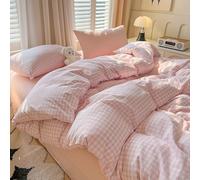 Nyescasa Pink Gingham Duvet Cover Double Pink White Gingham Plaid Checkered Grid Bedding Set Check Modern Washed Microfibre Comforter Cover 200x200 cm with Zipper Closure and 2 Pillowcases 50x75 cm