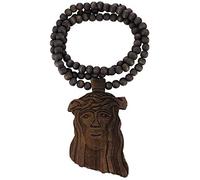 NYFASHION101 Crowned Jesus Head Large Pendant with 10mm 36" Wooden Bead Necklace, 10MM, Wood
