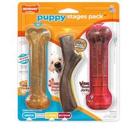 Nylabone Puppy Stages Dog Chew Toy Pack - Puppy Chew Toys for Teething and Chewing - Puppy Supplies - Chicken, Maple Bacon, and Beef Jerky Flavors, Medium/Wolf (3 Count)