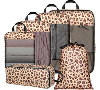 Nylon 6-Pack Compression Packing Cubes for Suitcases & Backpacks - Expandable Organisers with Underwear Bag & Laundry Bag for Clothes, Toiletries & Travel Essentials (Brown Leopard)