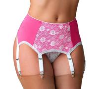 Nylon Dreams NDL66 Pink Plain Panels with White Lace Front 6 Strap Suspender Belt (M)