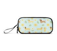 Nylon Large Pencil Bag For Girls Cute Dachshund Dog Daisy Floral Soft