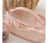 Nylon Makeup Pouches with Transparent Meshes and Heart Embroidery Cosmetic Bag for Travel and Daily Organization Travel Friendly Cosmetic Organizer with Compartments