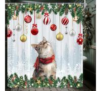 NYMB Funny Christmas Shower Curtain, Cute Cat Shower Curtain Set for Kids Adults, Cartoon Animals Fabric Winter Bathroom Curtains with Hooks, 72x72 Inch Waterproof Washable
