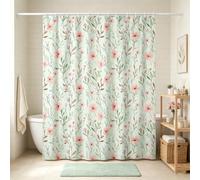 NYMB Green Shower Curtain, Pink Floral with Leaves Shower Curtains for Boho Farmhouse Countryside Cottagecore Bathroom Decor, Waterproof Polyester Fabric Bath Curtain with Hooks, 72 W X 72 H Inch
